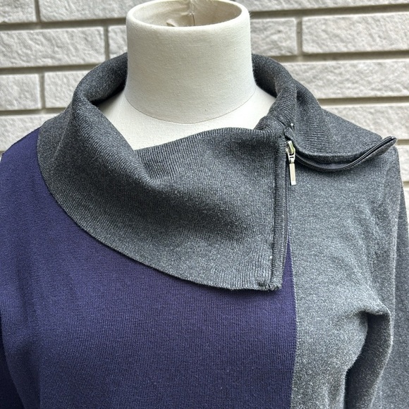 Cleo Gray and Blue Cowl Neck Sweater with Zipper Detail Sz Medium Petite - Picture 2 of 7